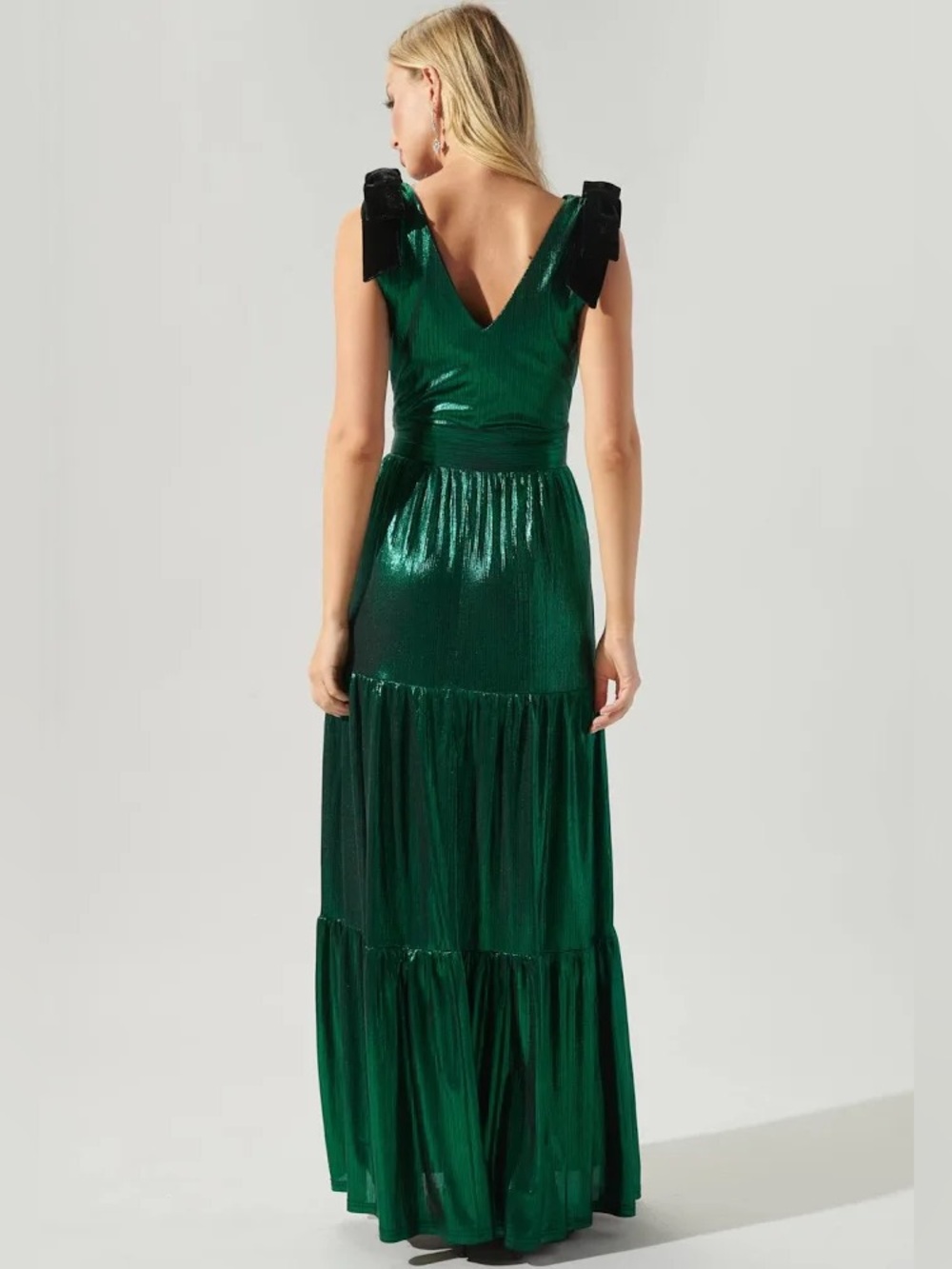 NWT Liquid Satin Emerald Green Metallic V-Neck Maxi Dress - Picture 3 of 8